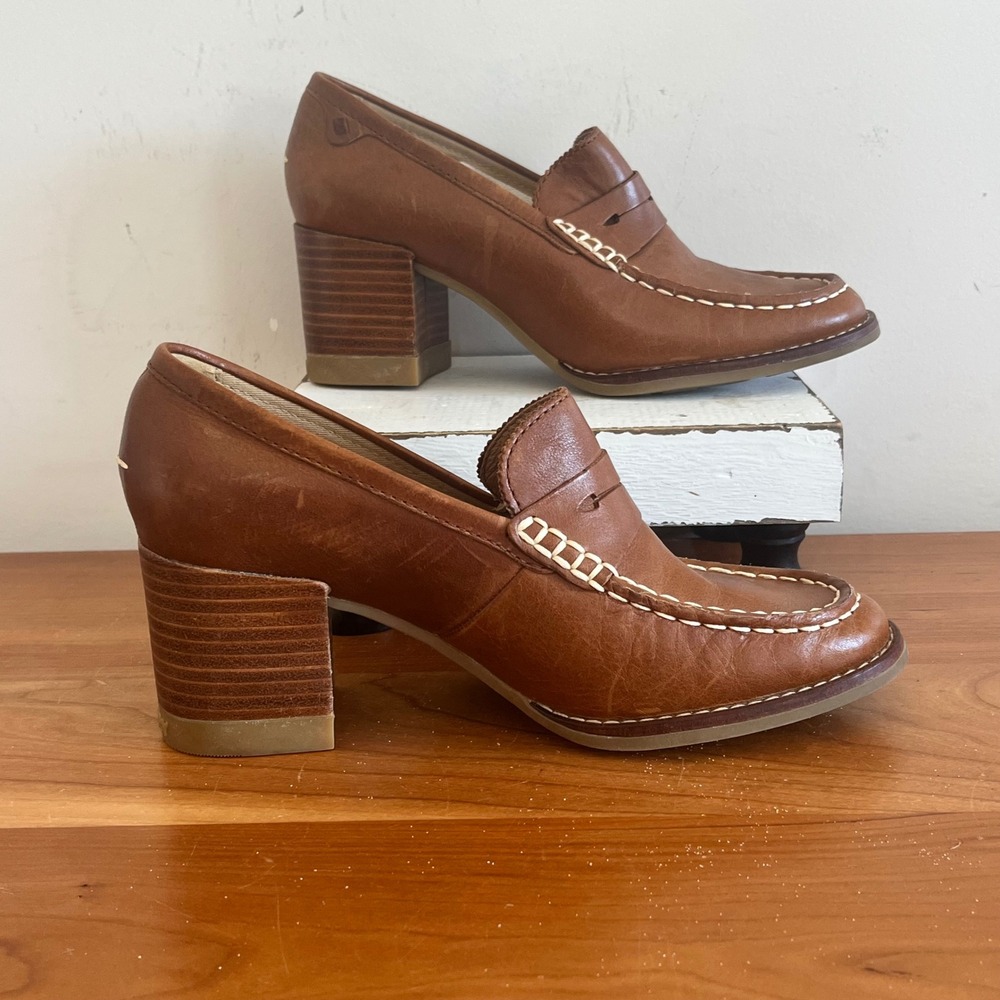 Sperry Seaport Penny Loafer Tan Leather Block Heels STS86537 Womens 5.5 - Picture 2 of 7